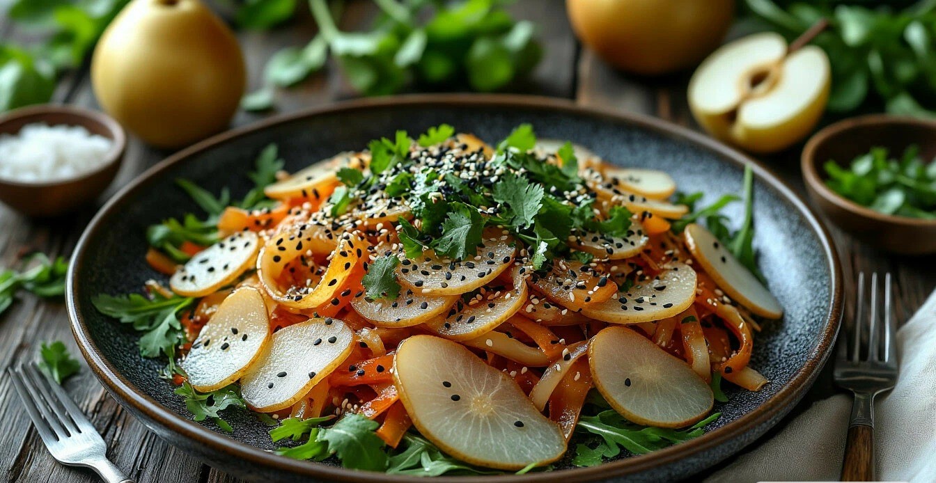 Салат &laquo;Кимчи&raquo; с дайконом, грушей и кунжутом