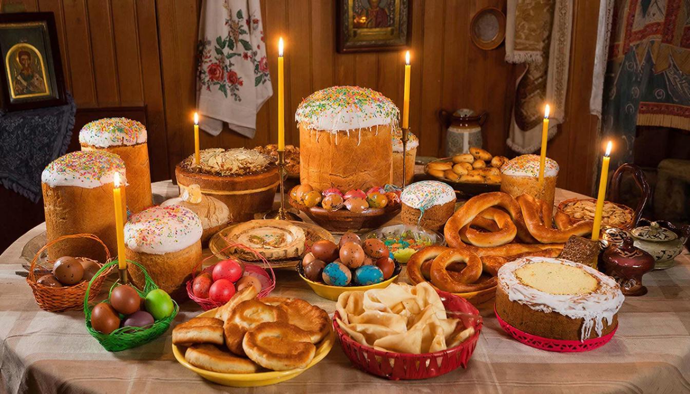 Пасхальный стол с куличами и яйцами