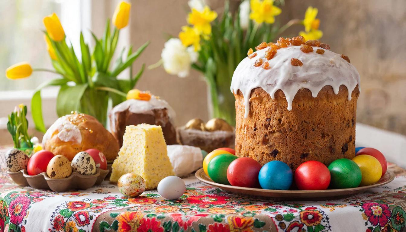 Кулич с изюмом и белой глазурью